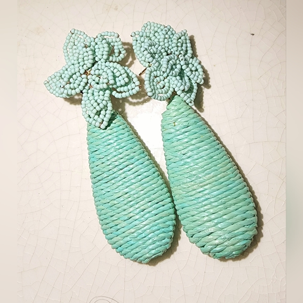 Zara Mint green seed beaded floral jute bold dangle teardrop pierced earrings